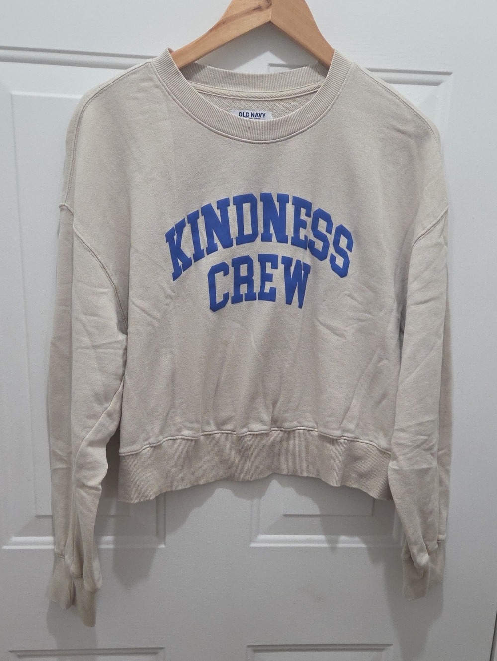 Old Navy Cream Sweatshirt with Blue "Kindness Crew" Graphic M